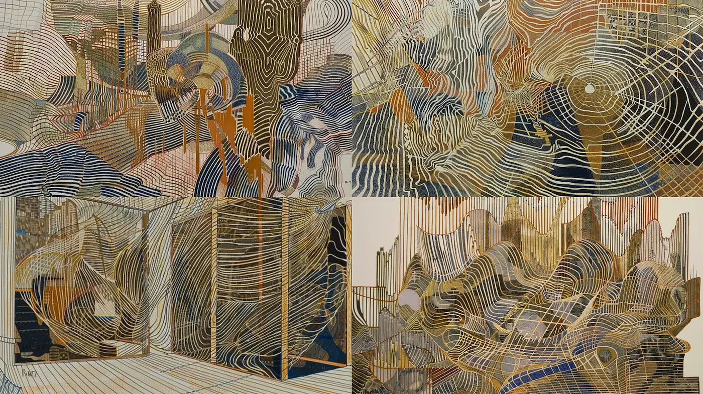 Ethereal Geometric Abstraction with Textural Depth and a Retro Vibe - Midjourney sref style
