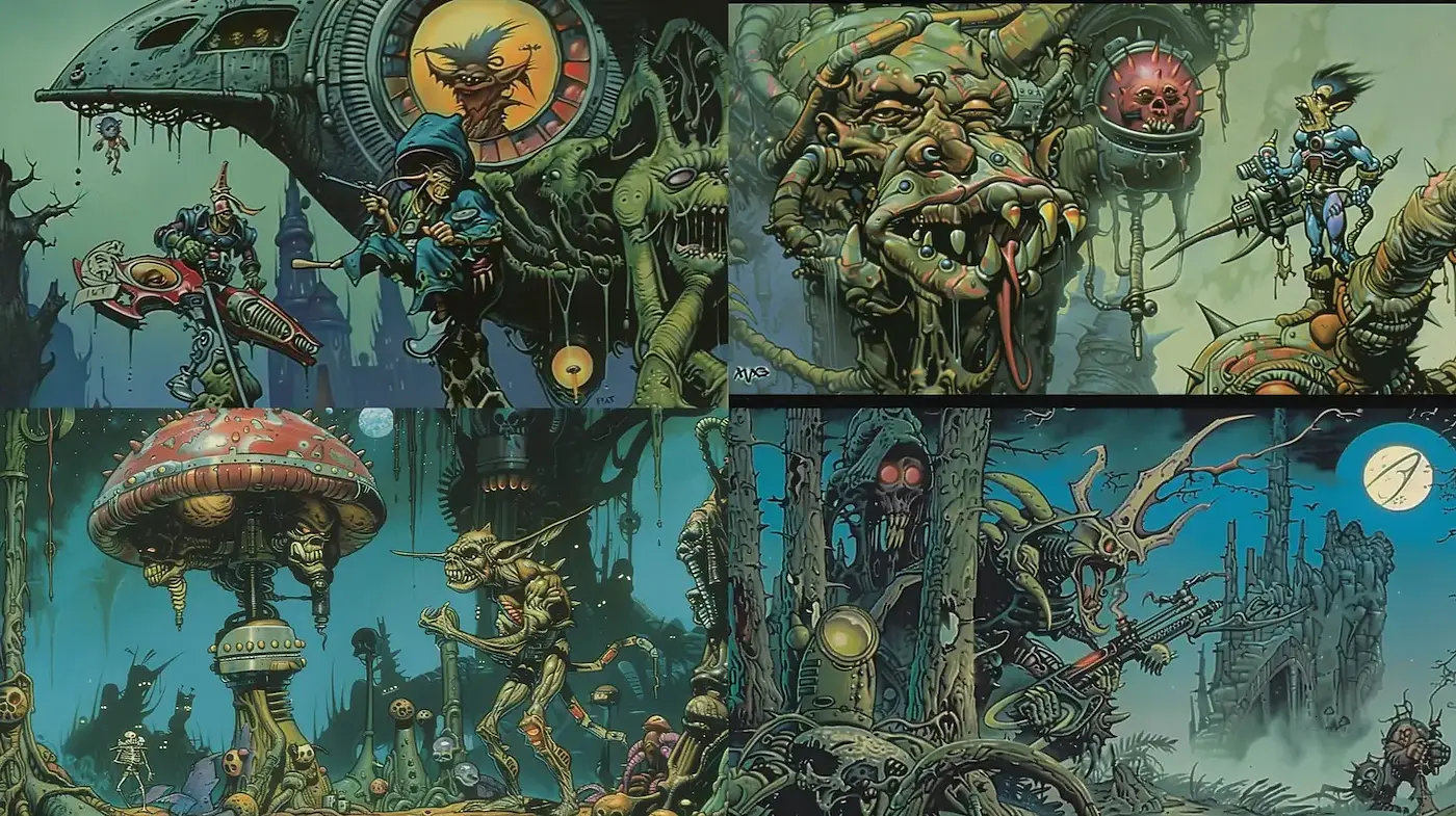 Eclectic and Surreal Sci-Fi Fantasy Art with a Dark Humor Twist - Midjourney sref style