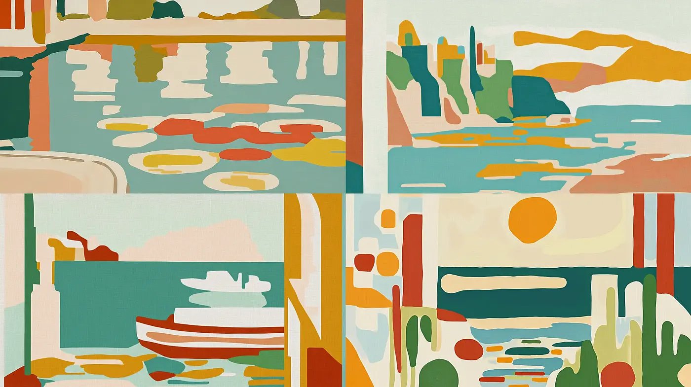 Serene Cutout Horizons: A Homage to Flat Color Fields and Simplified Forms - Midjourney sref style