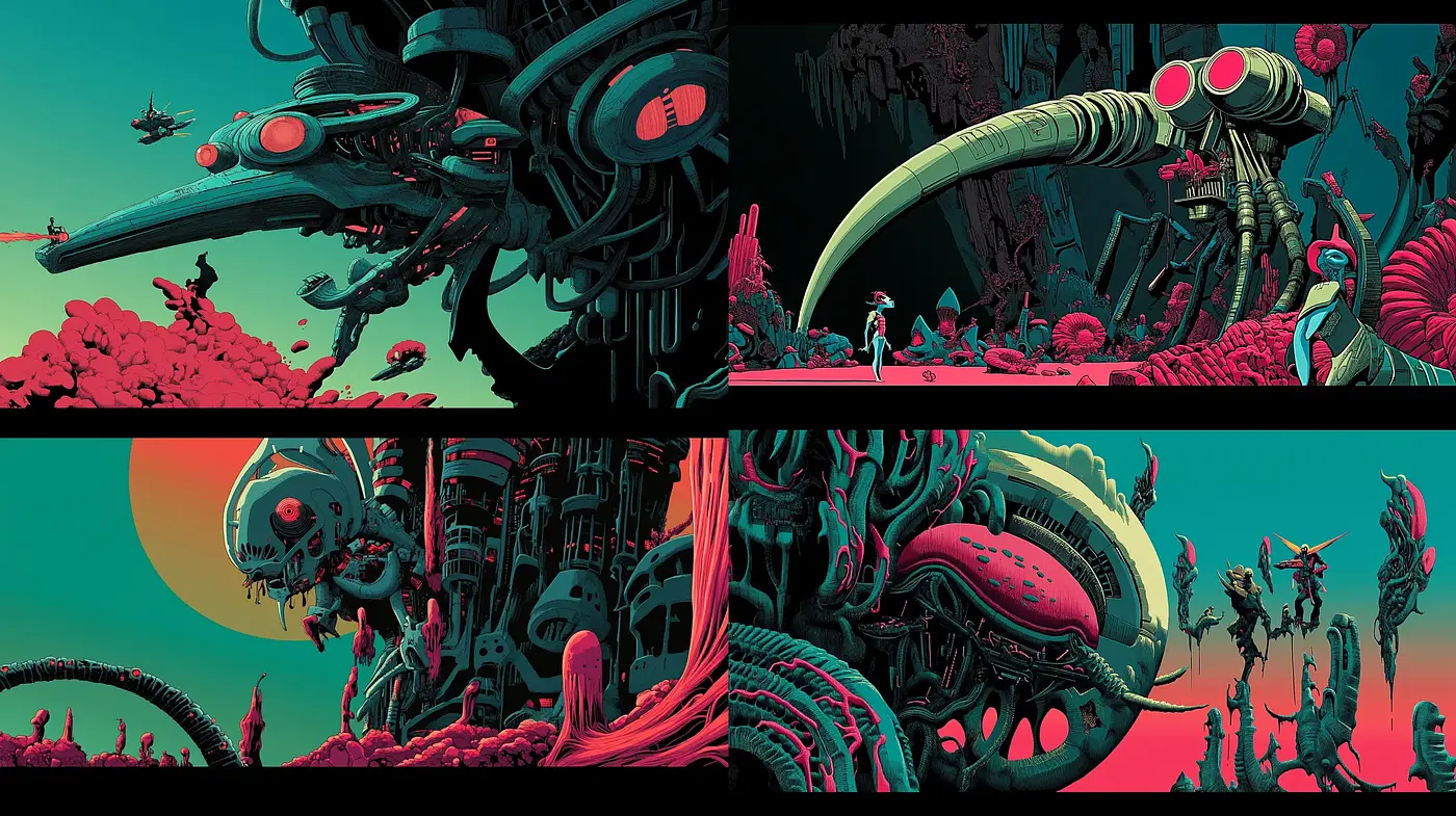 Futuristic Biomechanical Extravaganza in Surreal Cyan and Crimson - Midjourney sref style