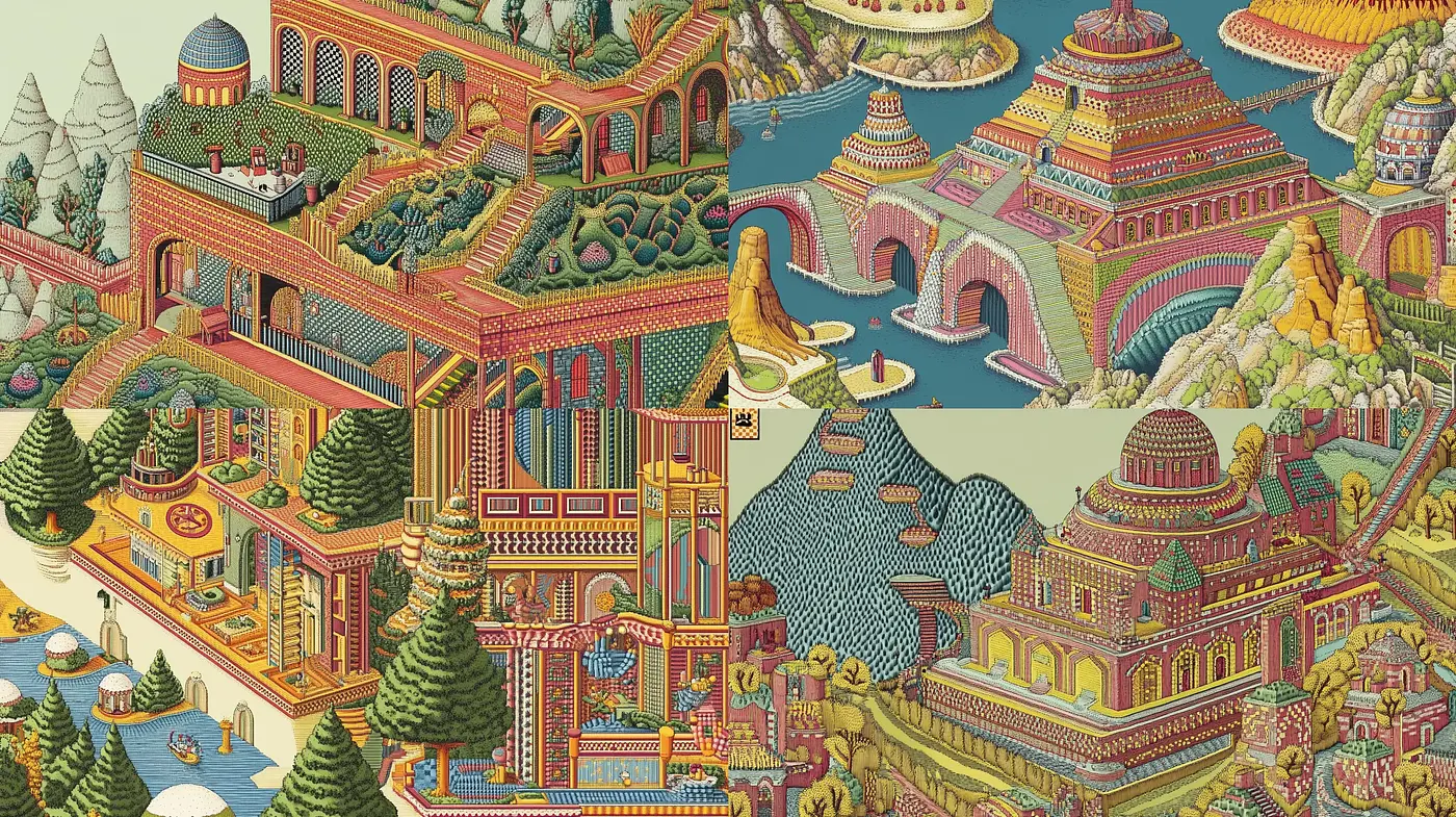 Whimsical Tapestry of Mythical Landscapes and Fantastical Architecture - Midjourney sref style