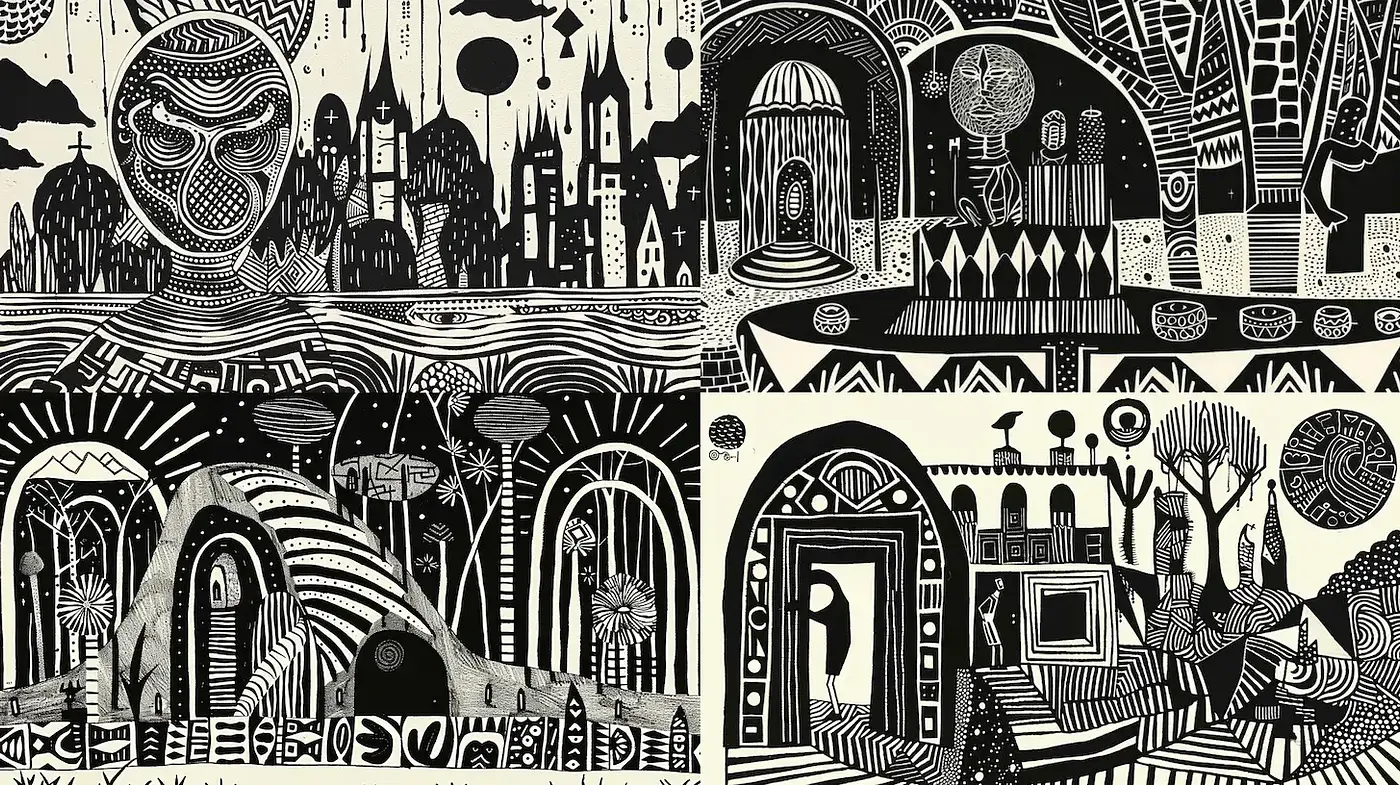 Intricate monochromatic landscapes with surreal geometric elements - Midjourney sref style
