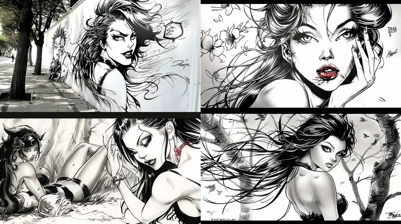 Monochromatic Elegance with a Splash of Red: A Stylistic Homage to Comic Book Artistry - Midjourney sref style