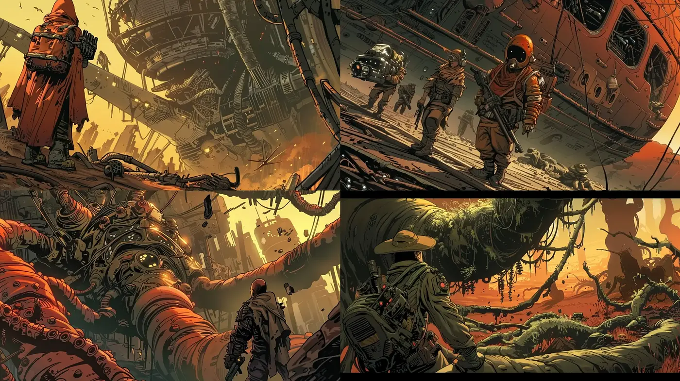 Dystopian Sci-Fi Panorama with Vivid Textures and Warm Tones - Midjourney sref style