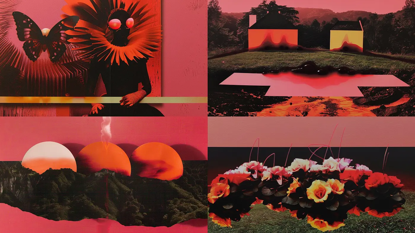 Crimson Dreamscape: Consistent Hues and Surrealist Blends in Digital Art - Midjourney sref style
