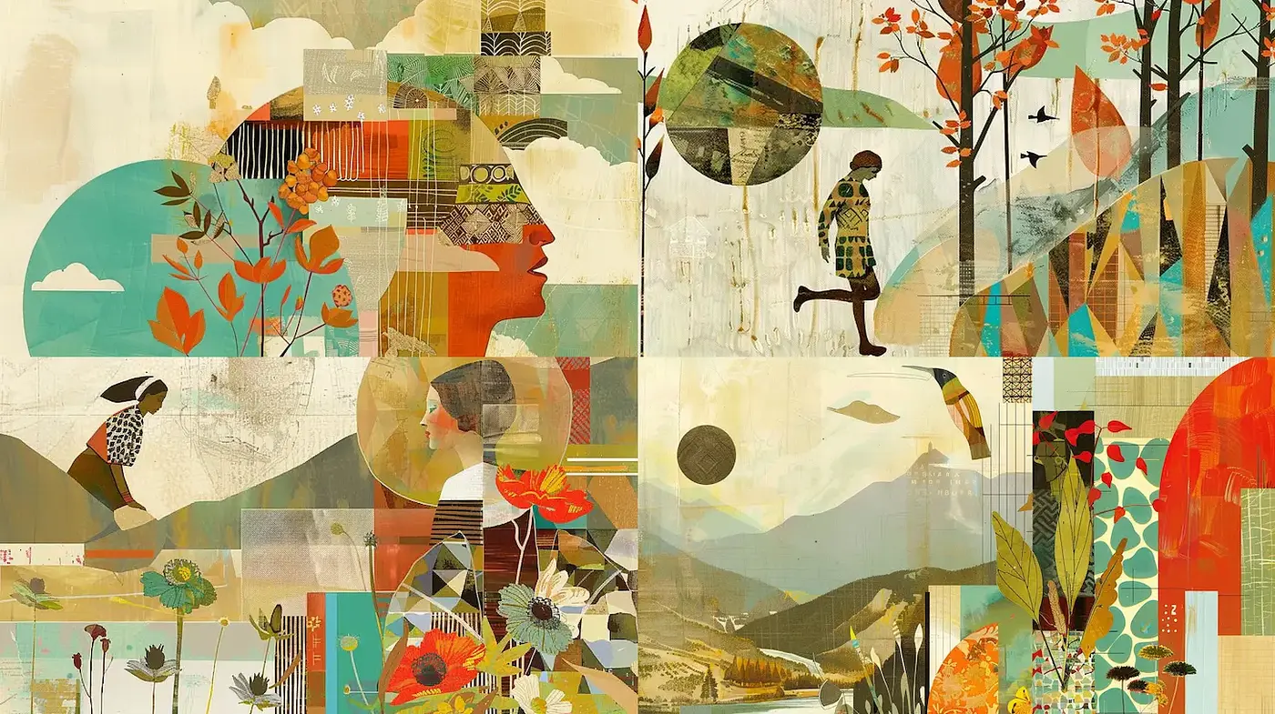 Vibrant, Geometric Collage with Nature Themes - Midjourney sref style