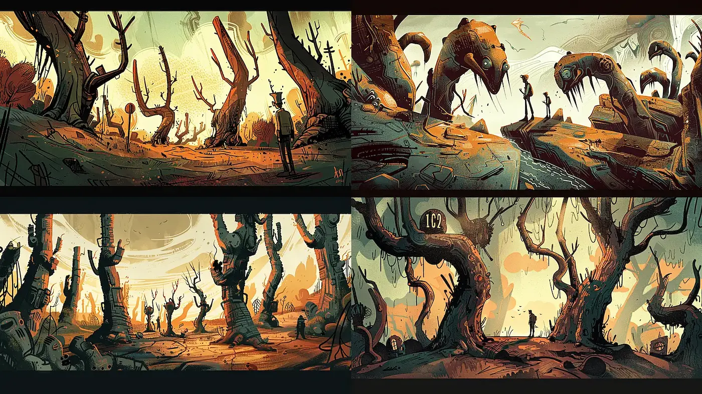 Whimsical yet eerie landscapes with twisted flora - Midjourney sref style