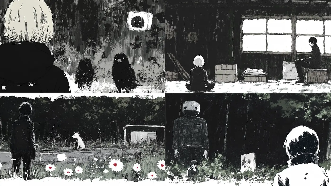 Darkly atmospheric illustrations with a blend of existential themes and striking simplicity - Midjourney sref style