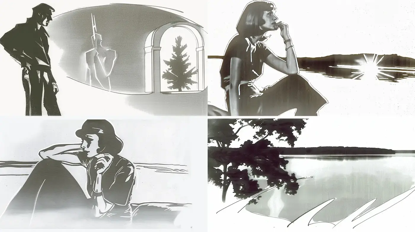 Monochromatic Line Art with a Retro Aesthetic and Emotional Depth - Midjourney sref style