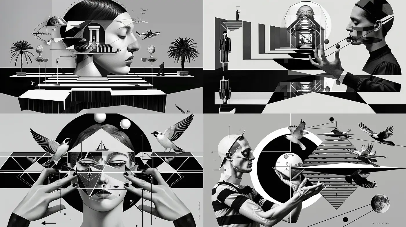 Monochromatic Surrealism with Geometric Precision - Midjourney sref style