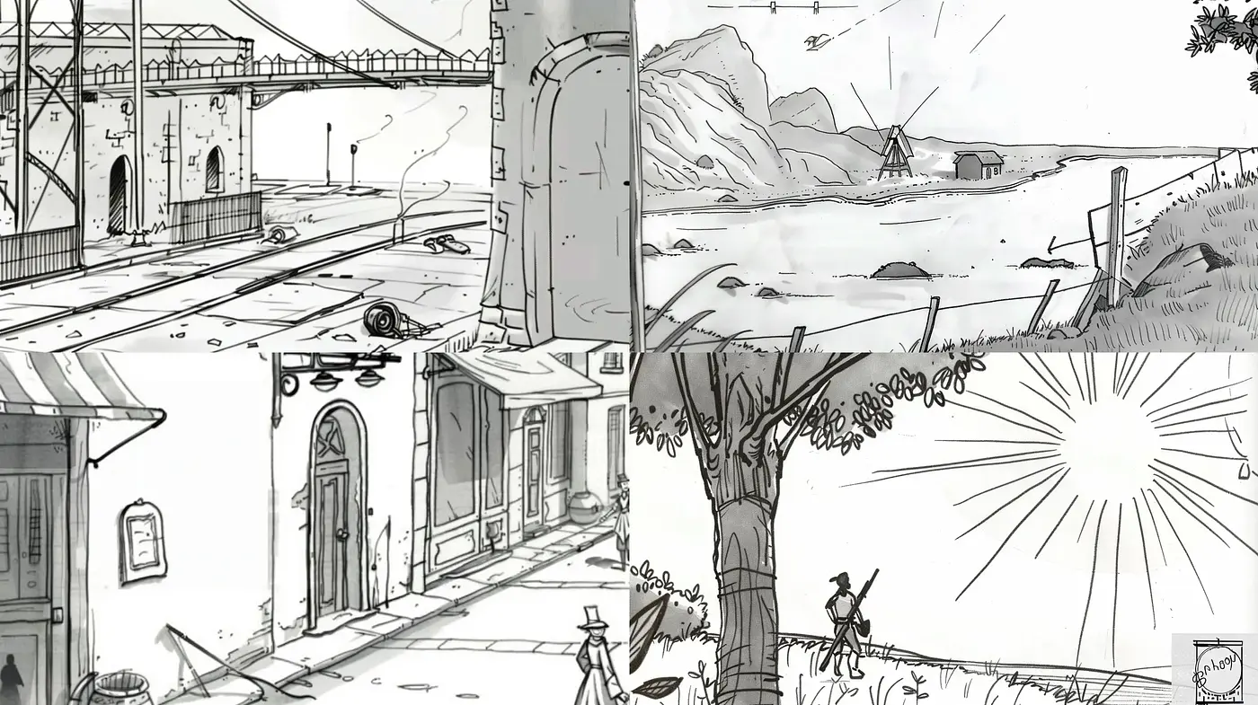 Sketchbook Chronicles: Pen-and-Ink Landscape Storyboards - Midjourney sref style