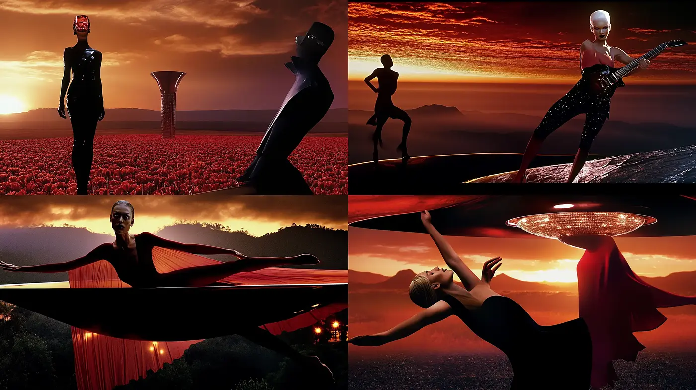 Dusk Silhouettes and Saturated Hues: A Homage to Cinematic Surrealism - Midjourney sref style