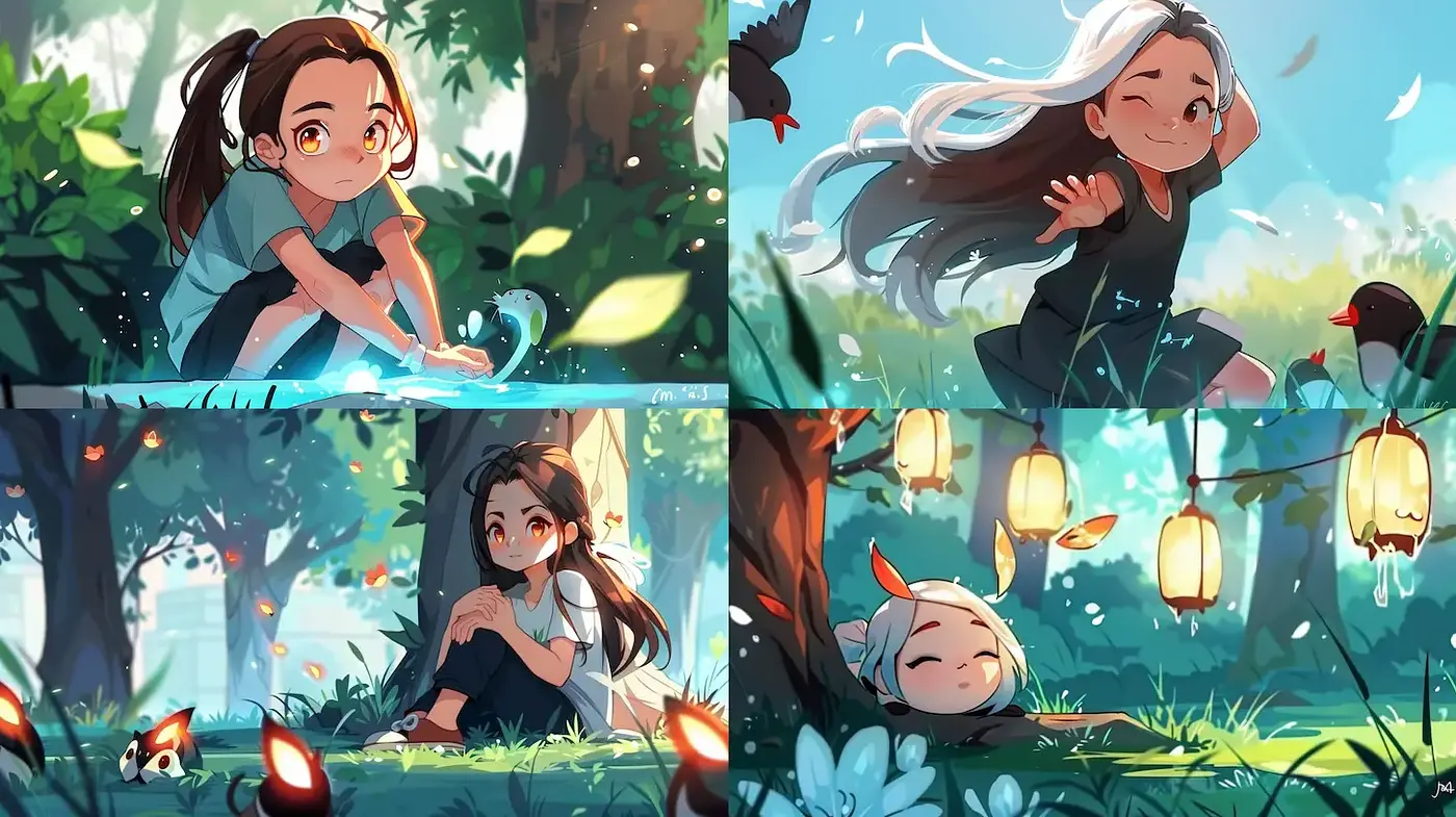 Whimsical and Serene Nature Scenes with Modern Cartoon Aesthetic - Midjourney sref style