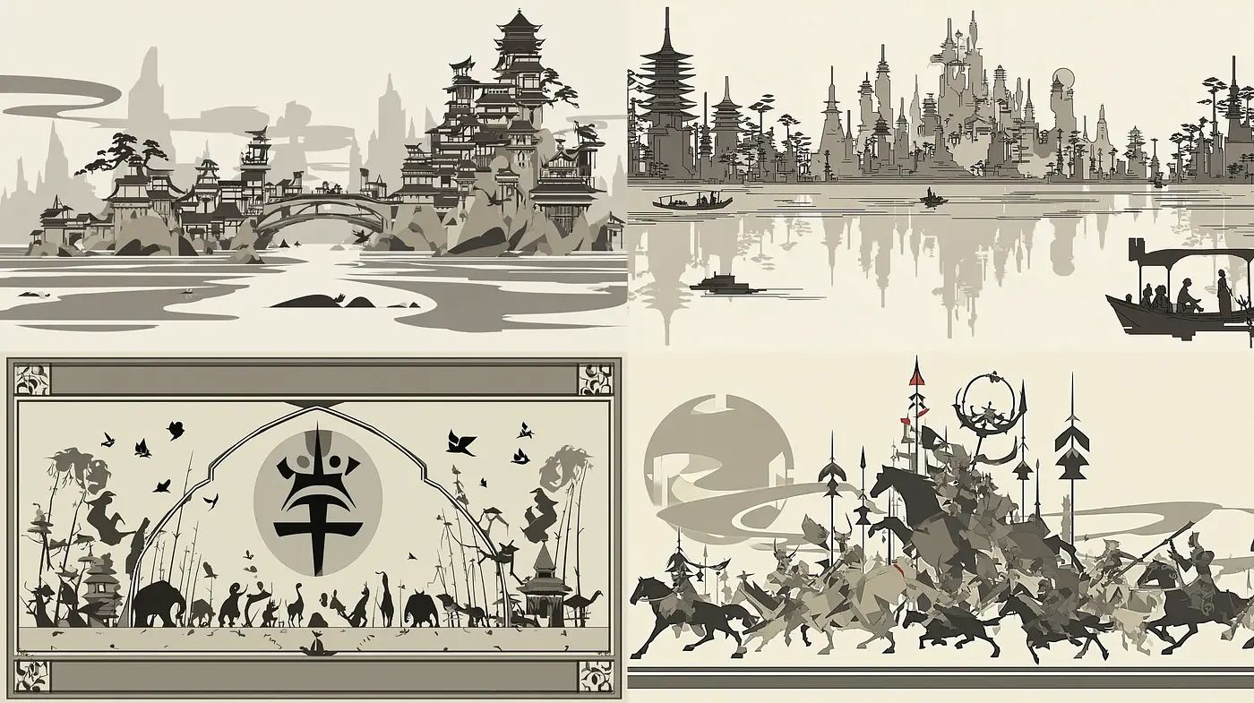 Stylized monochromatic landscapes with intricate detailing - Midjourney sref style