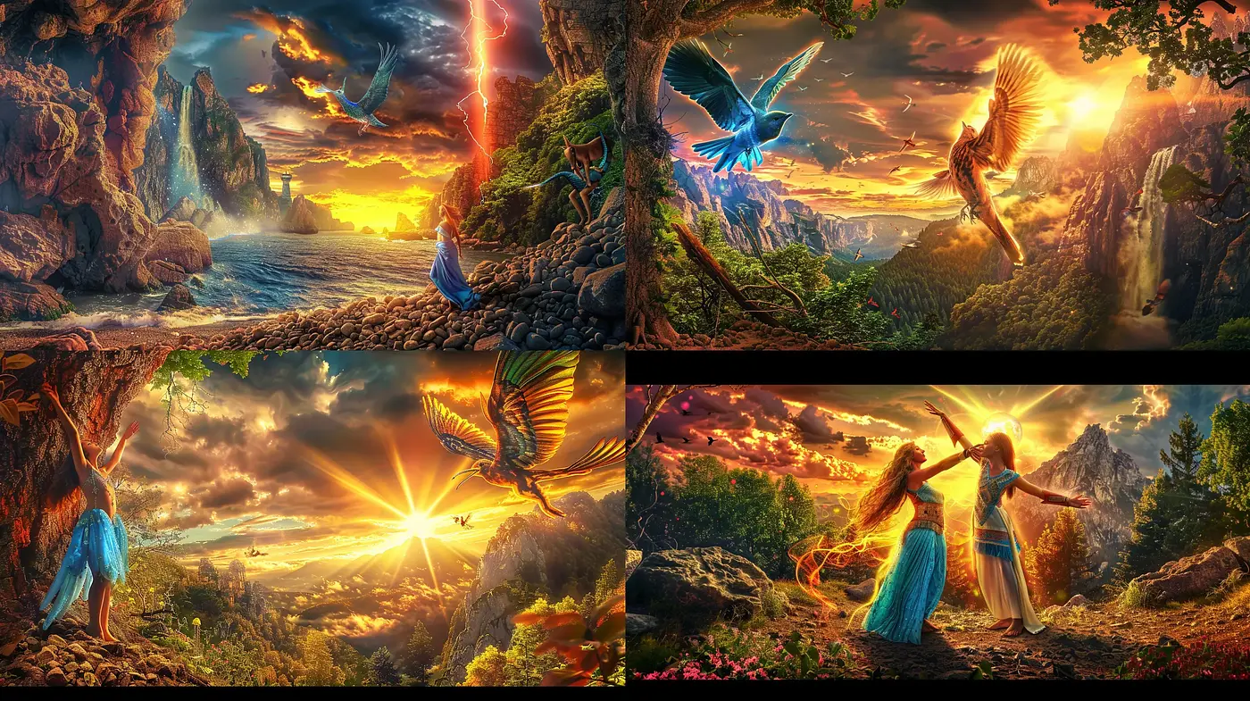 Radiant Fantasia: A Vivid Dream of Mythical Dawn and Dusk - Midjourney sref style