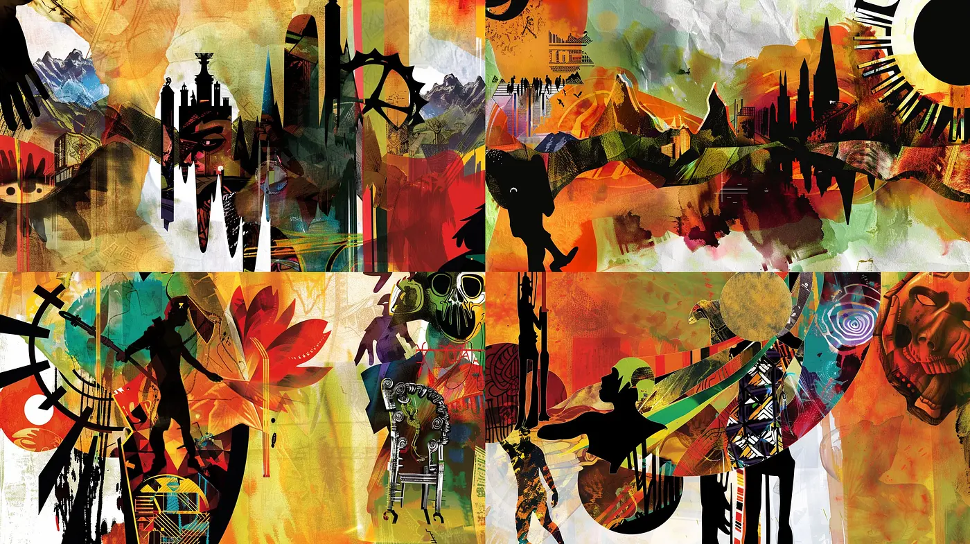 Abstract Fusion of Cultural Motifs and Vivid Hues - Midjourney sref style