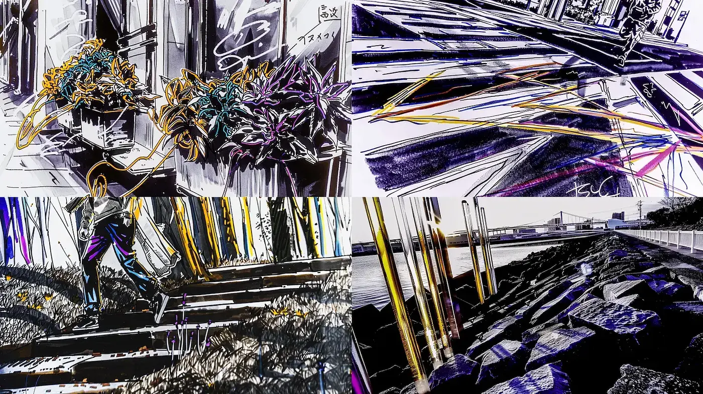 Dynamic Urban Expressionism with Graphic Elements - Midjourney sref style
