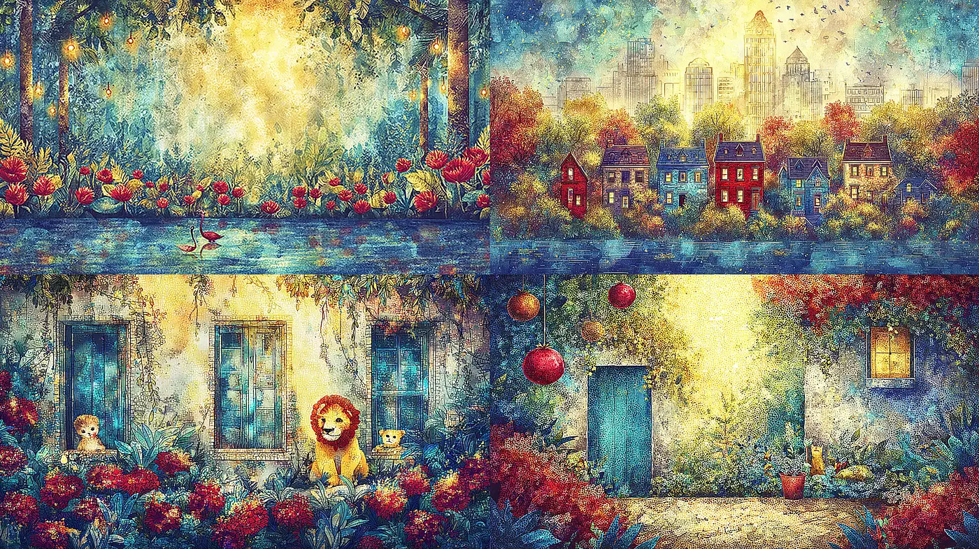 Whimsical Dreamscape with Vibrant Flora and Fauna - Midjourney sref style