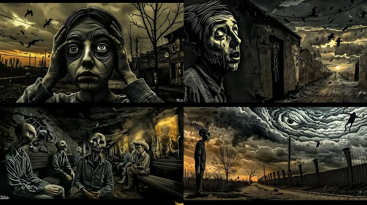 Apocalyptic Visions in Sepia: A Homage to Surrealistic Desolation - Midjourney sref style