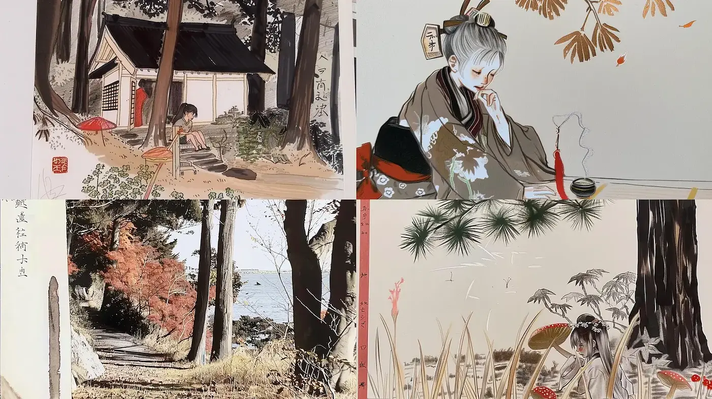 Elegant Illustrated Scenes with Nature and Cultural Elements - Midjourney sref style