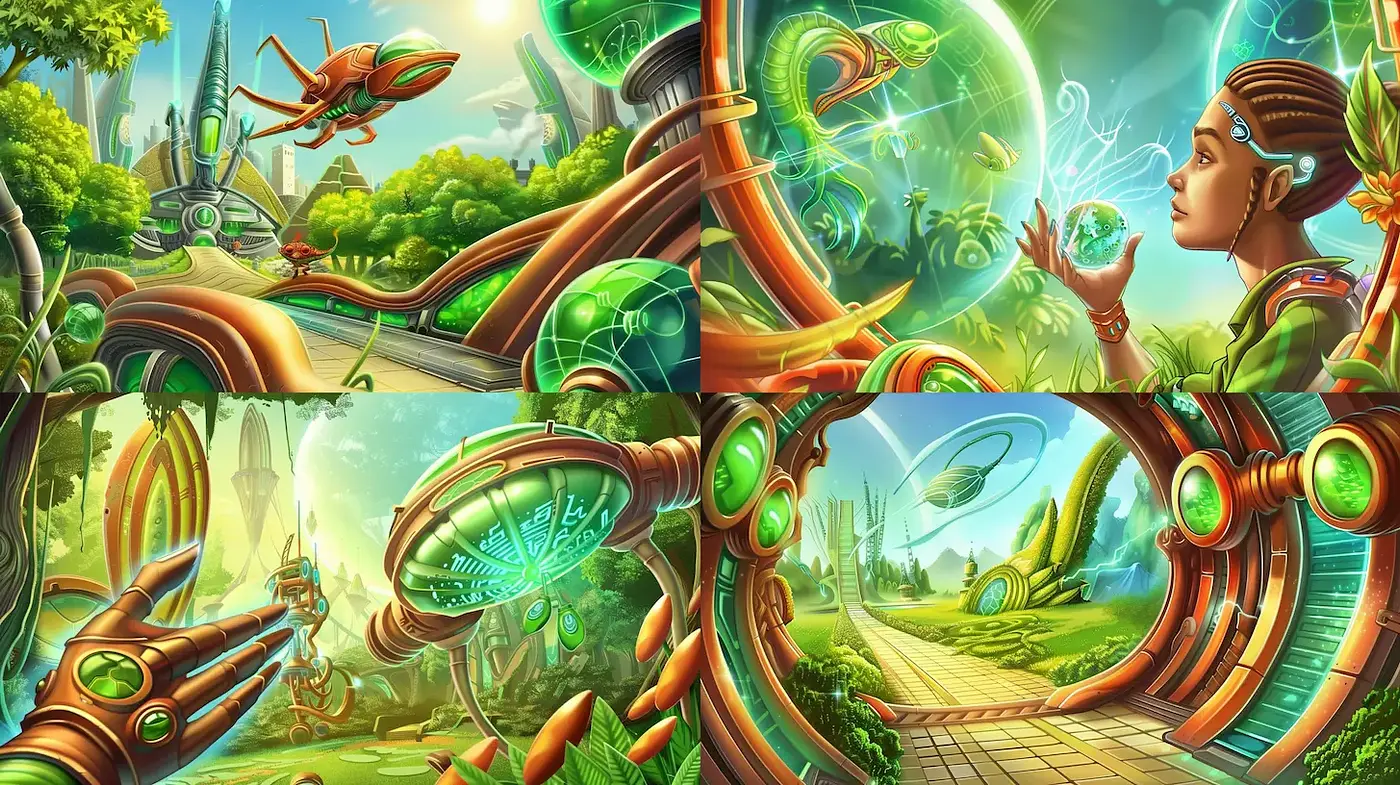 Futuristic, vibrant sci-fi landscapes with organic elements - Midjourney sref style
