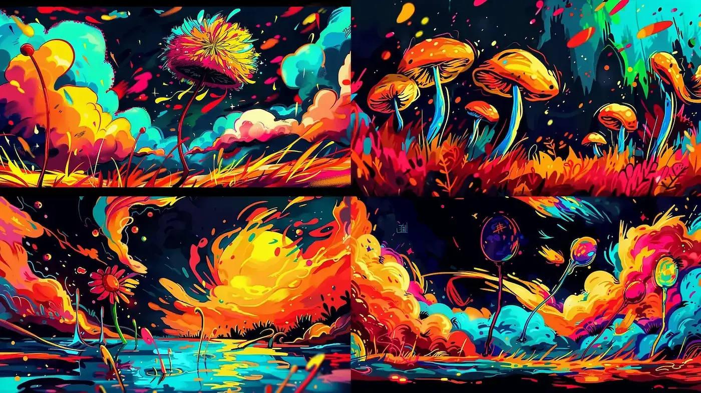 Psychedelic Dreamscape with Explosive Colors and Fluid Dynamics - Midjourney sref style