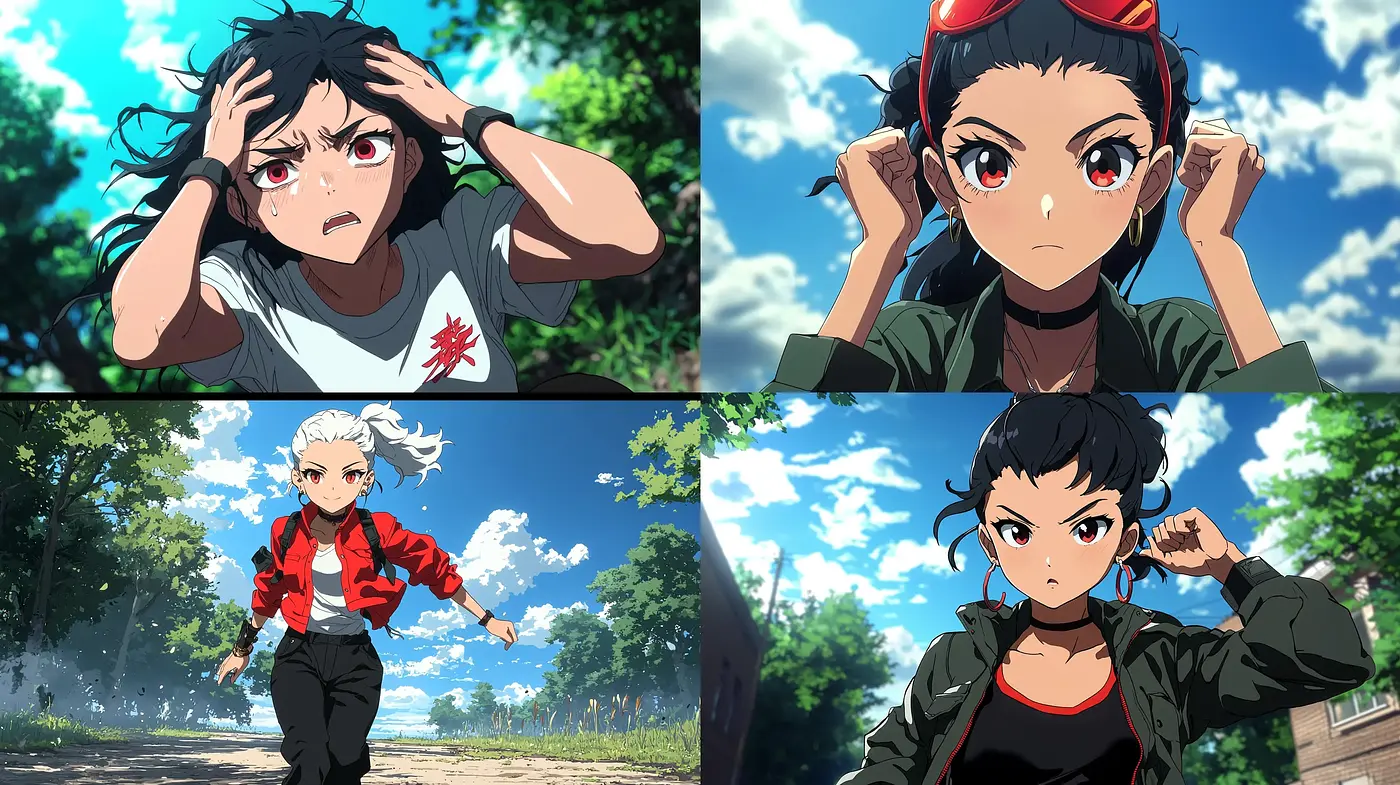 Dynamic Anime-Inspired Character Style with Consistent Color Harmony and Outdoor Setting - Midjourney sref style