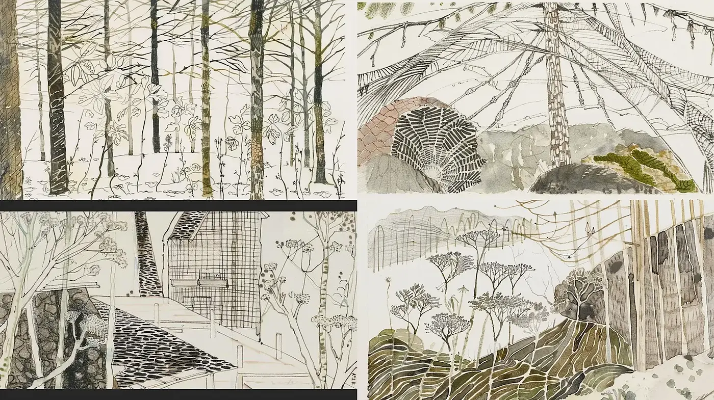 Nature-inspired ink illustrations with intricate line work and subtle color palettes - Midjourney sref style