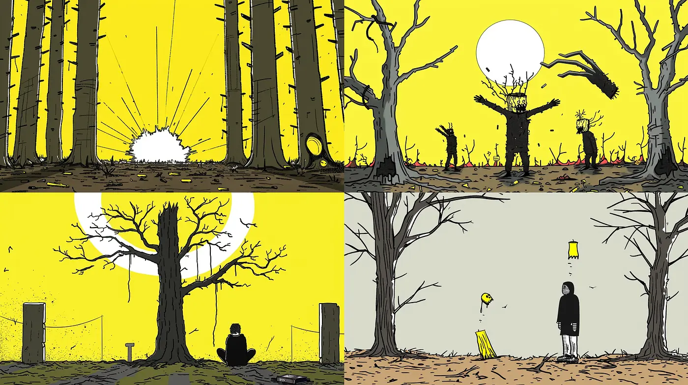 Surreal Contrasts in Stark Graphic Novel Simplicity - Midjourney sref style