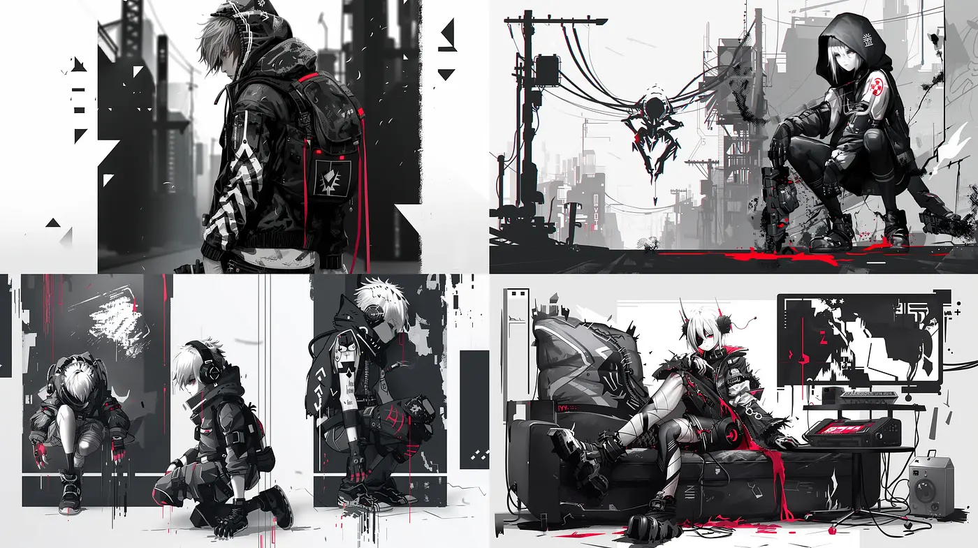 Monochromatic Cyberpunk Dreamscape with Crimson Highlights - Midjourney sref style