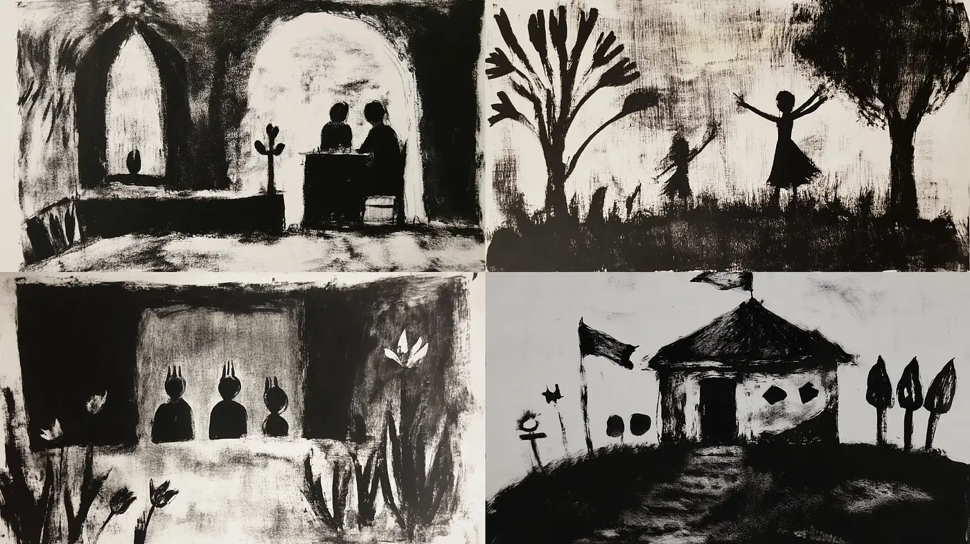 Monochromatic Silhouette Storytelling in Textured Brushwork - Midjourney sref style