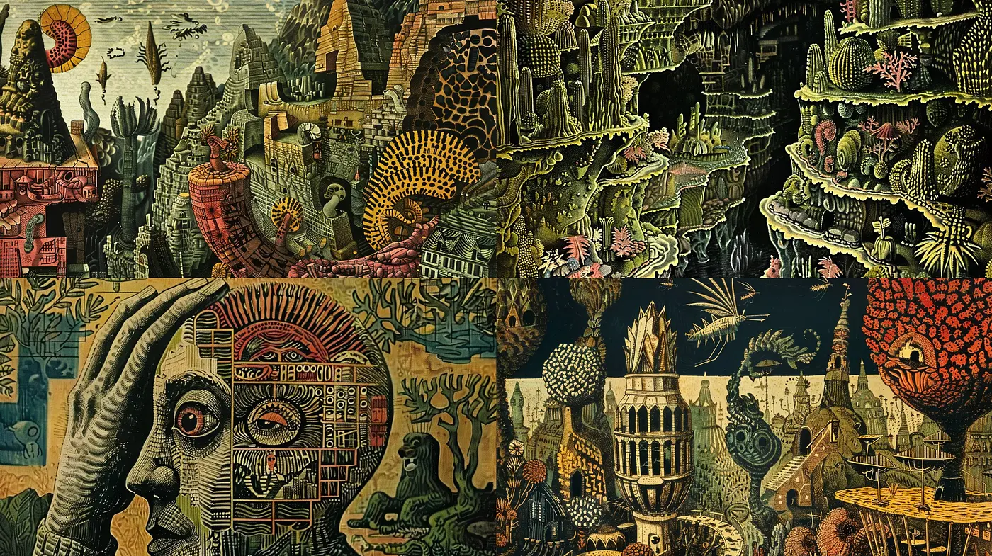 Surrealist Dreamscape: A Fusion of Organic Forms and Ancient Symbols - Midjourney sref style
