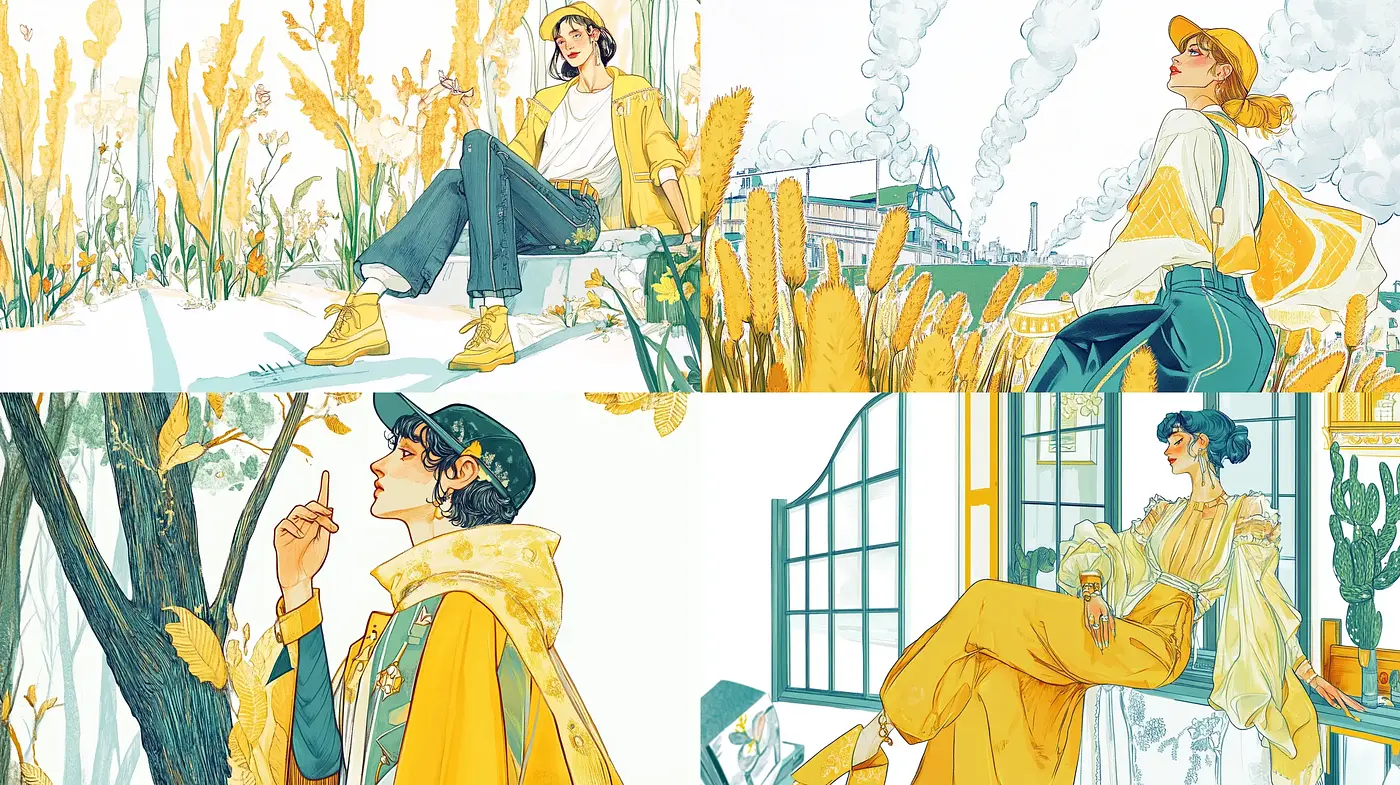Sunny Serenity: A Harmonized Illustrative Portrayal in Mellow Yellow and Verdant Hues - Midjourney sref style