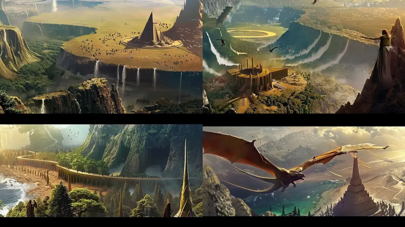 Epic Landscapes with Surreal Architecture and Dramatic Lighting - Midjourney sref style