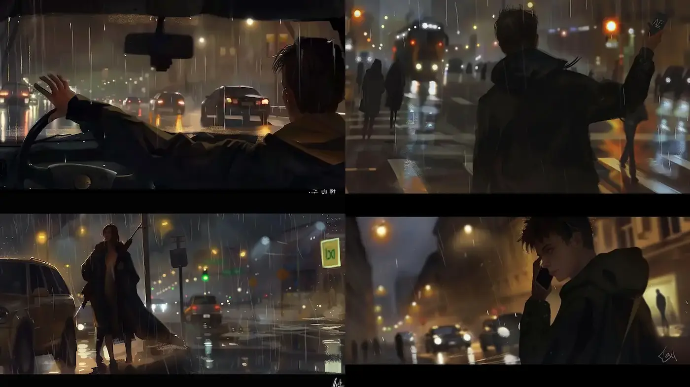 Moody Urban Night Scenes with Rainy Atmosphere - Midjourney sref style