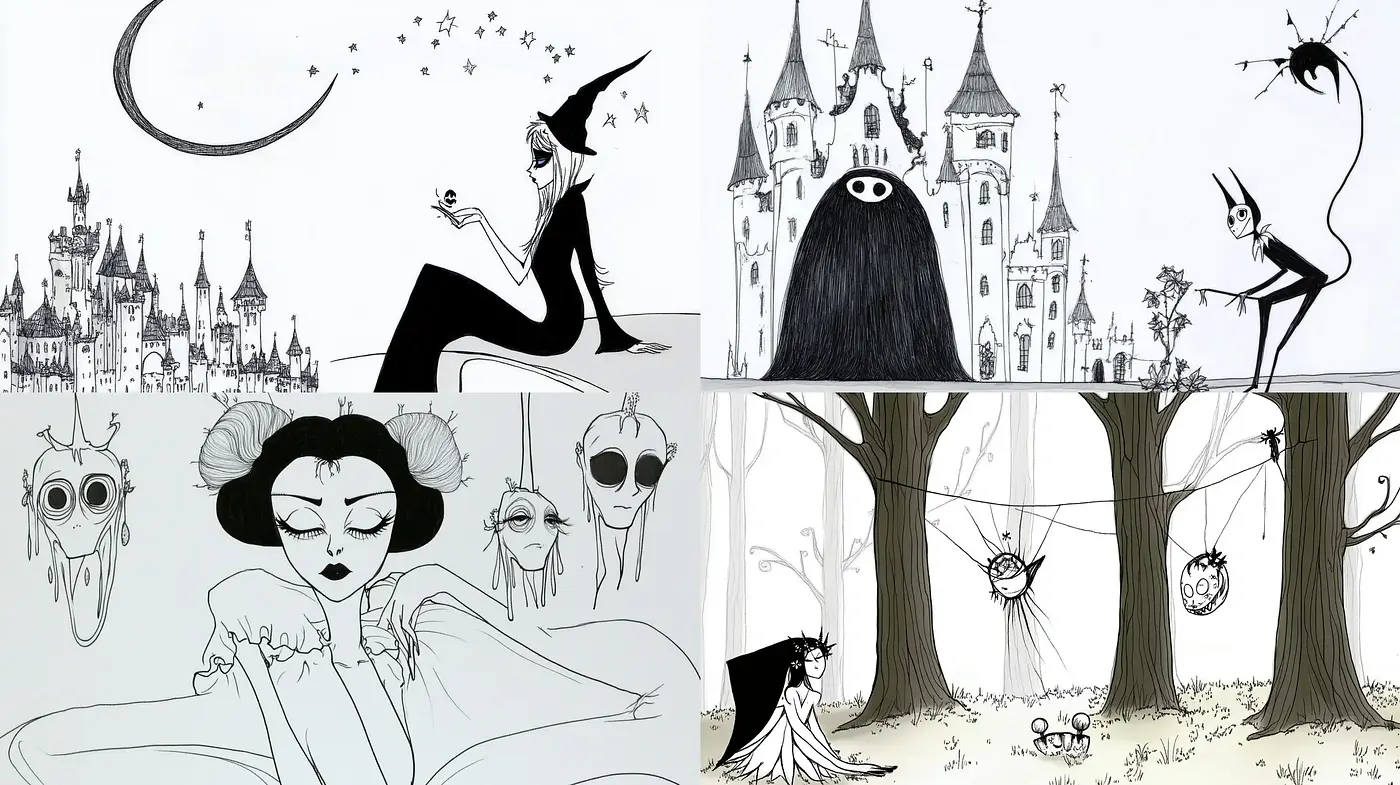 Whimsical Gothic Monochrome Expressions - Midjourney sref style