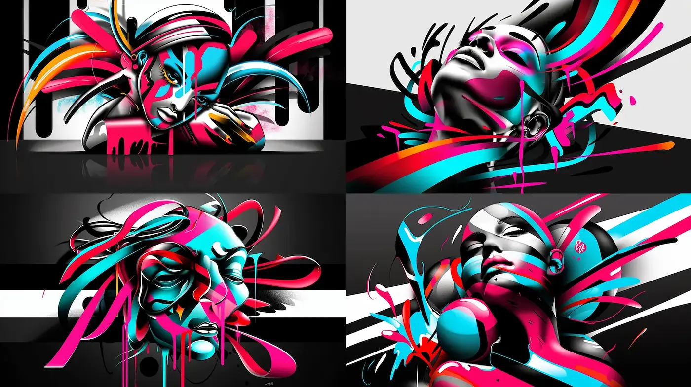 Vibrant abstract portraiture with dynamic lines and expressive forms - Midjourney sref style