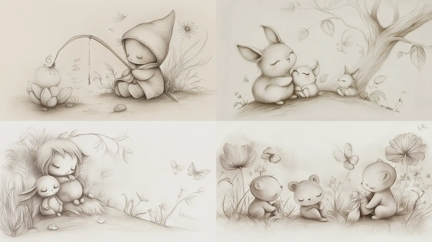 Whimsical Sepia-Toned Sketchbook Ensemble - Midjourney sref style