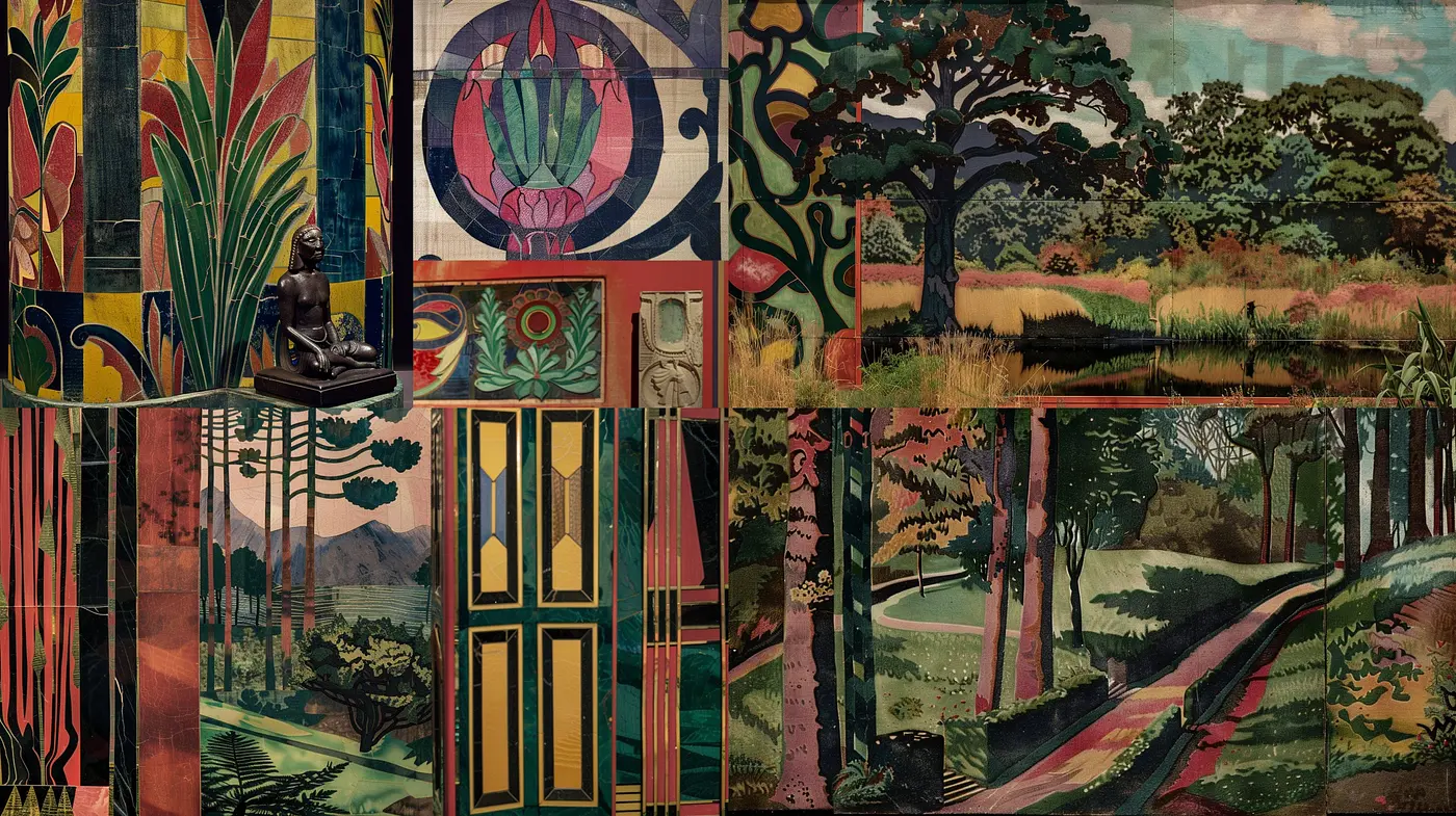 Enigmatic Fusion of Art Deco and Lush Landscapes - Midjourney sref style