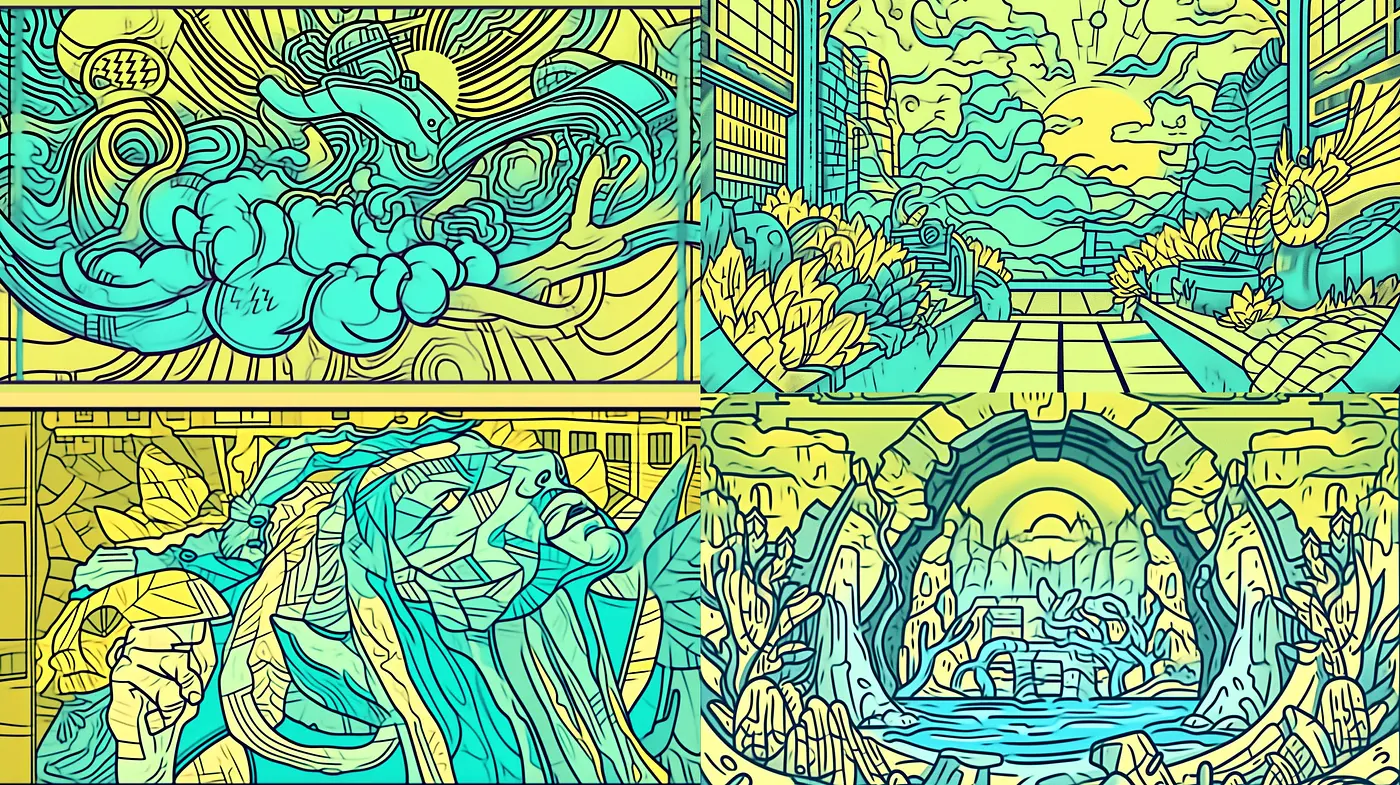 Vibrant Cyan and Yellow Contours: A Fusion of Fluid Dynamics and Architectural Forms - Midjourney sref style