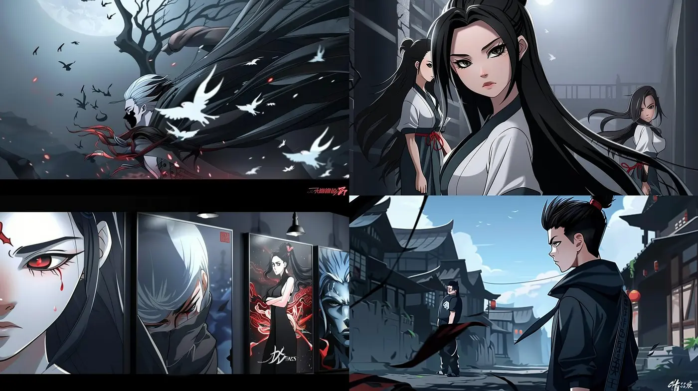 Ethereal Elegance in Monochrome: An Artistic Fusion of Anime-Inspired Noir with a Hint of Crimson - Midjourney sref style