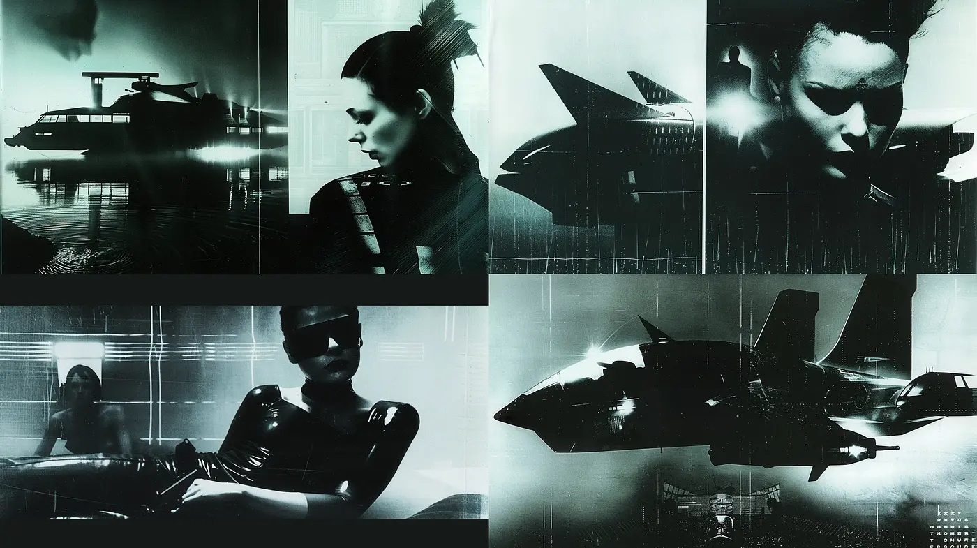Cybernoir Dreamscape: A Fusion of Cyberpunk and Film Noir Elements - Midjourney sref style