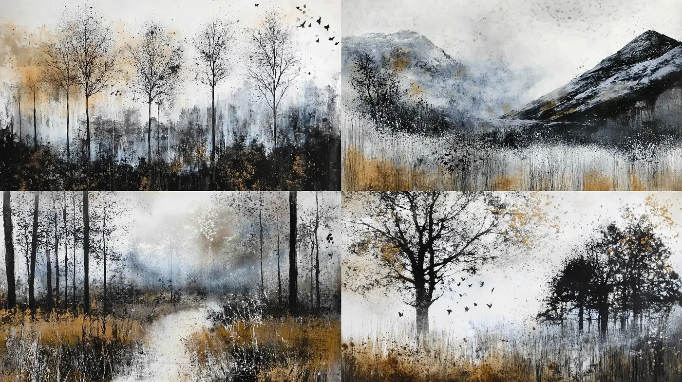 Misty Monochrome Landscapes with Textured Brushwork - Midjourney sref style