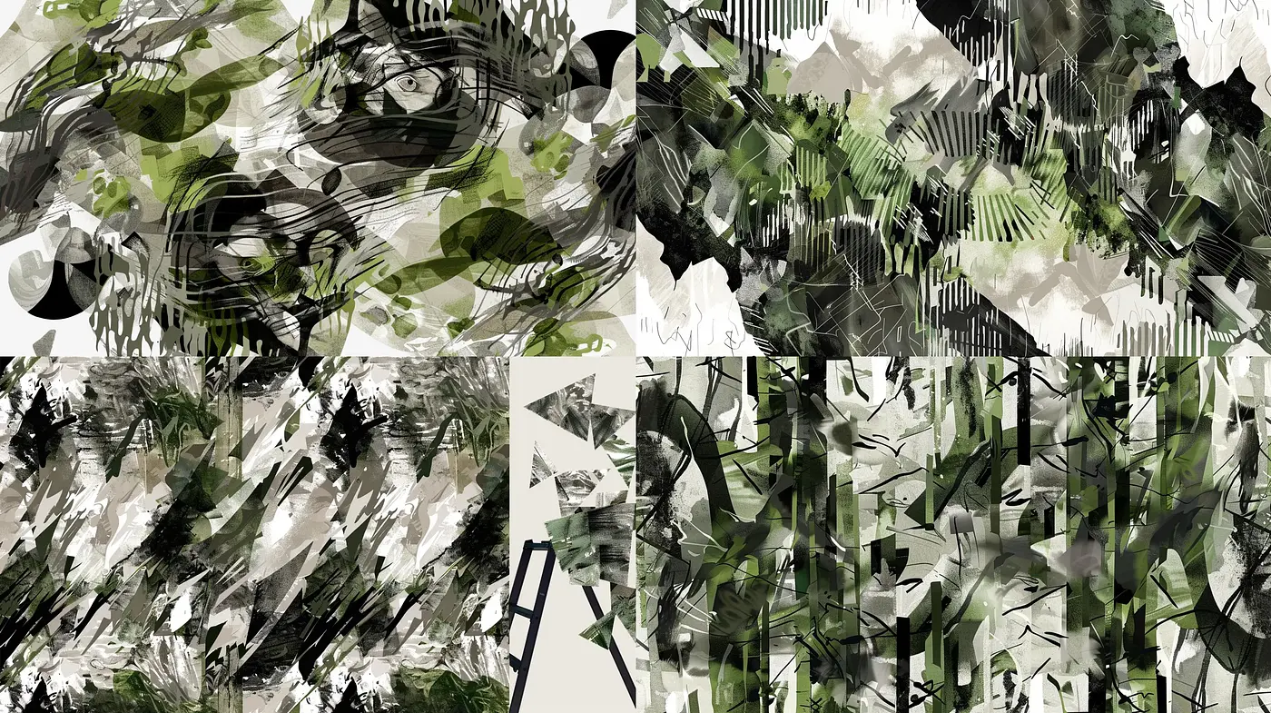 Abstract Brushstroke Fusion in Monochrome Green - Midjourney sref style