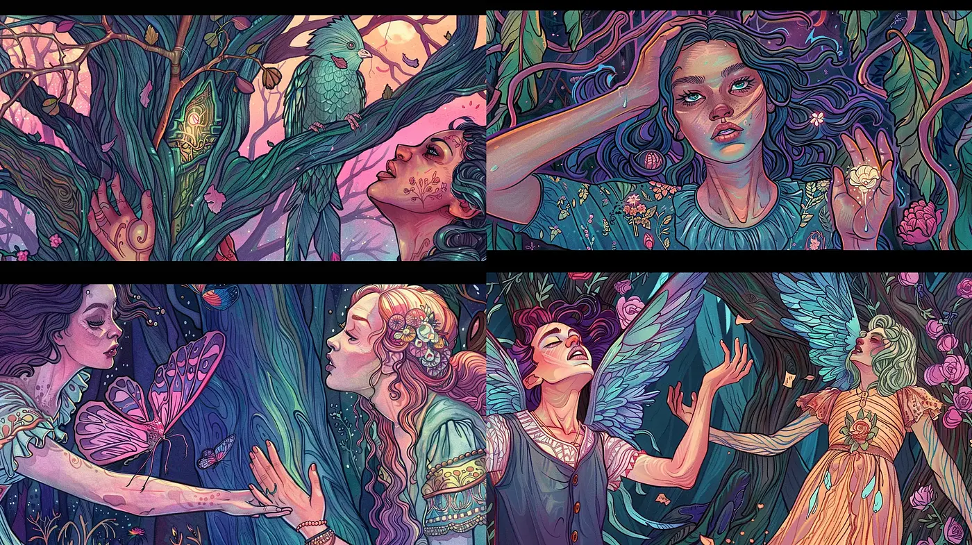 Enchanted Twilight: A Dreamy Fusion of Magic Realism and Art Nouveau - Midjourney sref style