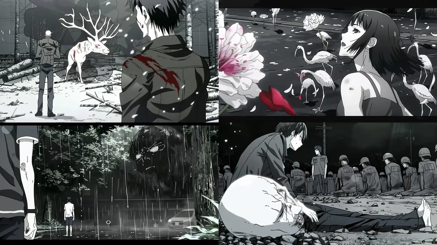 Monochrome Anime-Inspired Illustrations with Selective Coloring - Midjourney sref style