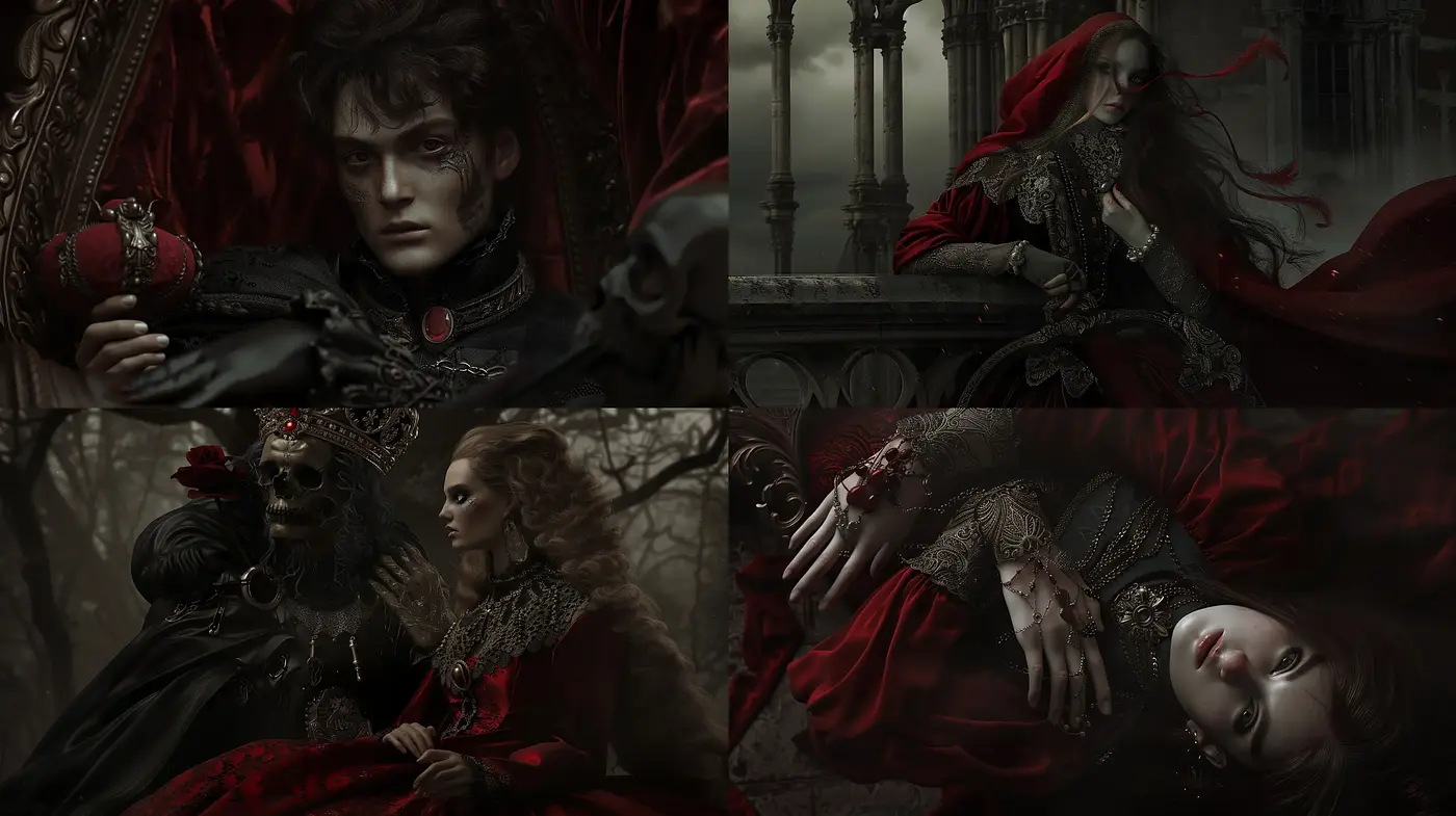 Gothic Elegance with a Crimson Embrace in a Baroque Fantasy - Midjourney sref style