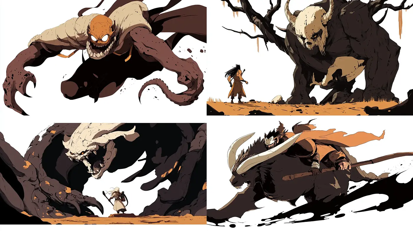 Monstrous Shadows and Heroic Stands: A Symphony of Contrast and Energy - Midjourney sref style
