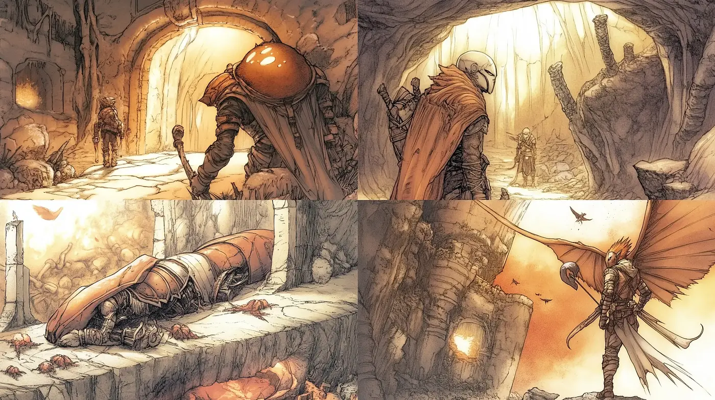 Subterranean Amber-Hued Fantasy Art - Midjourney sref style