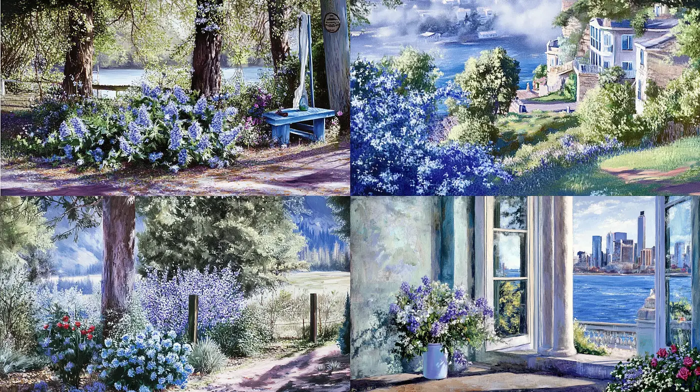 Serene Pastoral Blues: A Tranquil Exploration of Luminous Landscape Vistas - Midjourney sref style